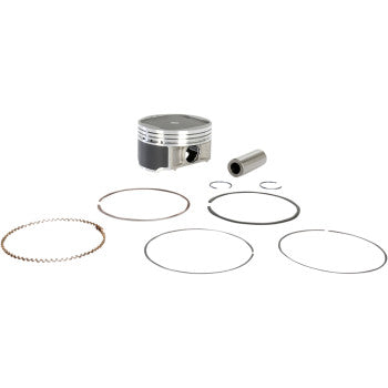 The Polaris Piston Kit 92.75 mm by Wsm includes an OEM metal piston, wrist pin, two circlips, and four separate piston rings, all displayed on a white background.