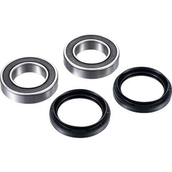 The Axle Bearing Kit Rear by Factory Links is displayed on a white background, featuring two metal ball bearings with dust seals each positioned above a black rubber seal.