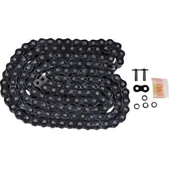 The 525 Max Z Drive Chain 150 Links Black & Chrome by RK is shown coiled, with included accessories: a master link, O-rings, two pins, and a lubricant packet—ideal for high-horsepower street bikes.