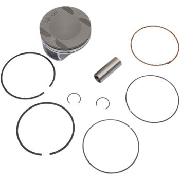 The Polaris Piston Kit 93.00 mm by Wsm features OEM-quality components: a piston, piston pin, improved E-clip circlips, and multiple precision-sized piston rings, all arranged neatly on a white background.