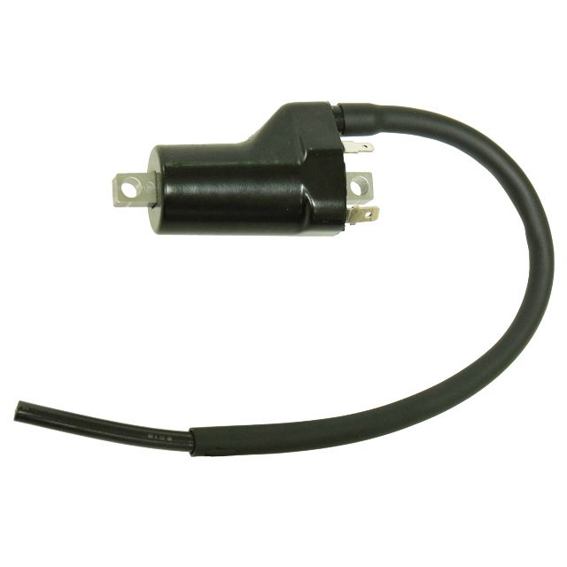 The Bronco Arctic Cat Prowler/700 Ignition Coil features metal connectors on one end and a thick, curved black wire on the other, shown against a white background. Ideal as a replacement among Bronco ATV components.