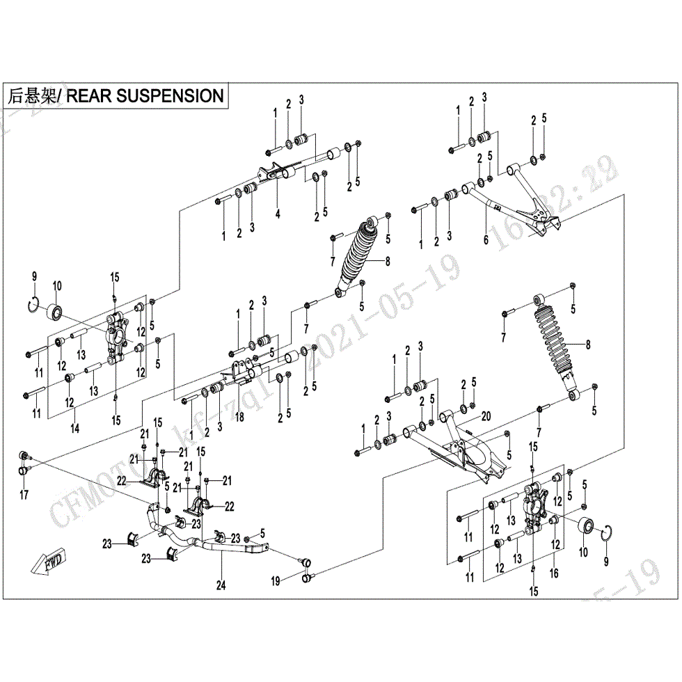 An Image of a genuine CFMOTO Parts Schematic Diagram showing the group - REAR SUSPENSION - 2022 CFMOTO CFORCE 600 Touring