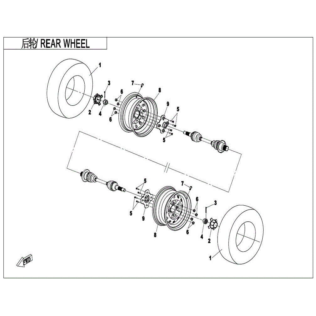 An Image of a genuine CFMOTO Parts Schematic Diagram showing the group - REAR WHEEL - 2021 CFMOTO CFORCE 400