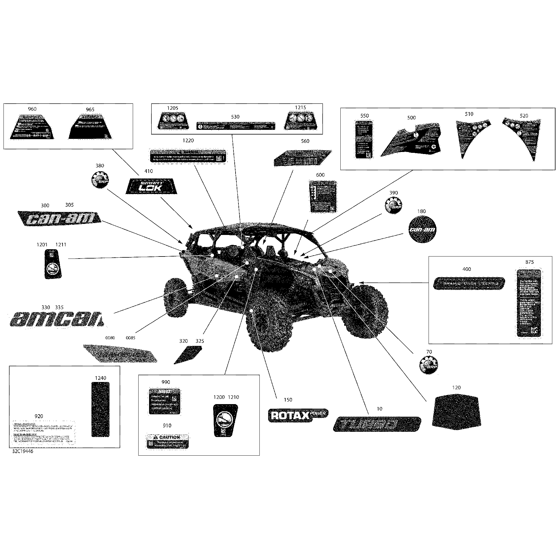 An Image of a Genuine Can-Am Parts Schematic Diagram showing the schematic - DECALS - TURBO R - PACKAGE X RS - NORTH AMERICA