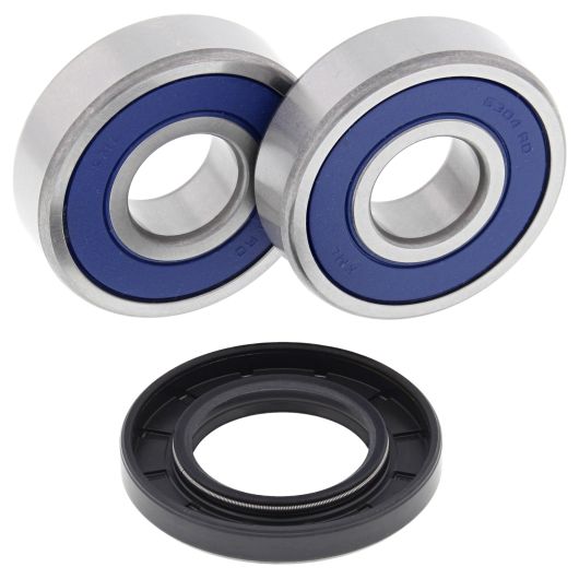 Two silver metal wheel bearings with blue seals and one black rubber oil seal for motorcycle wheels.