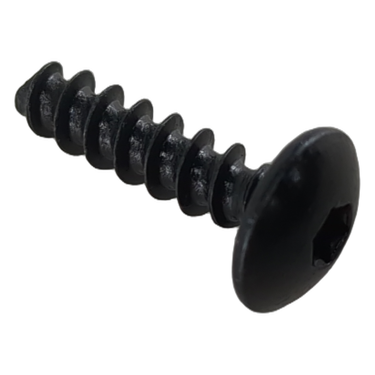 Black Torx-truss screw with rounded head and coarse threads.