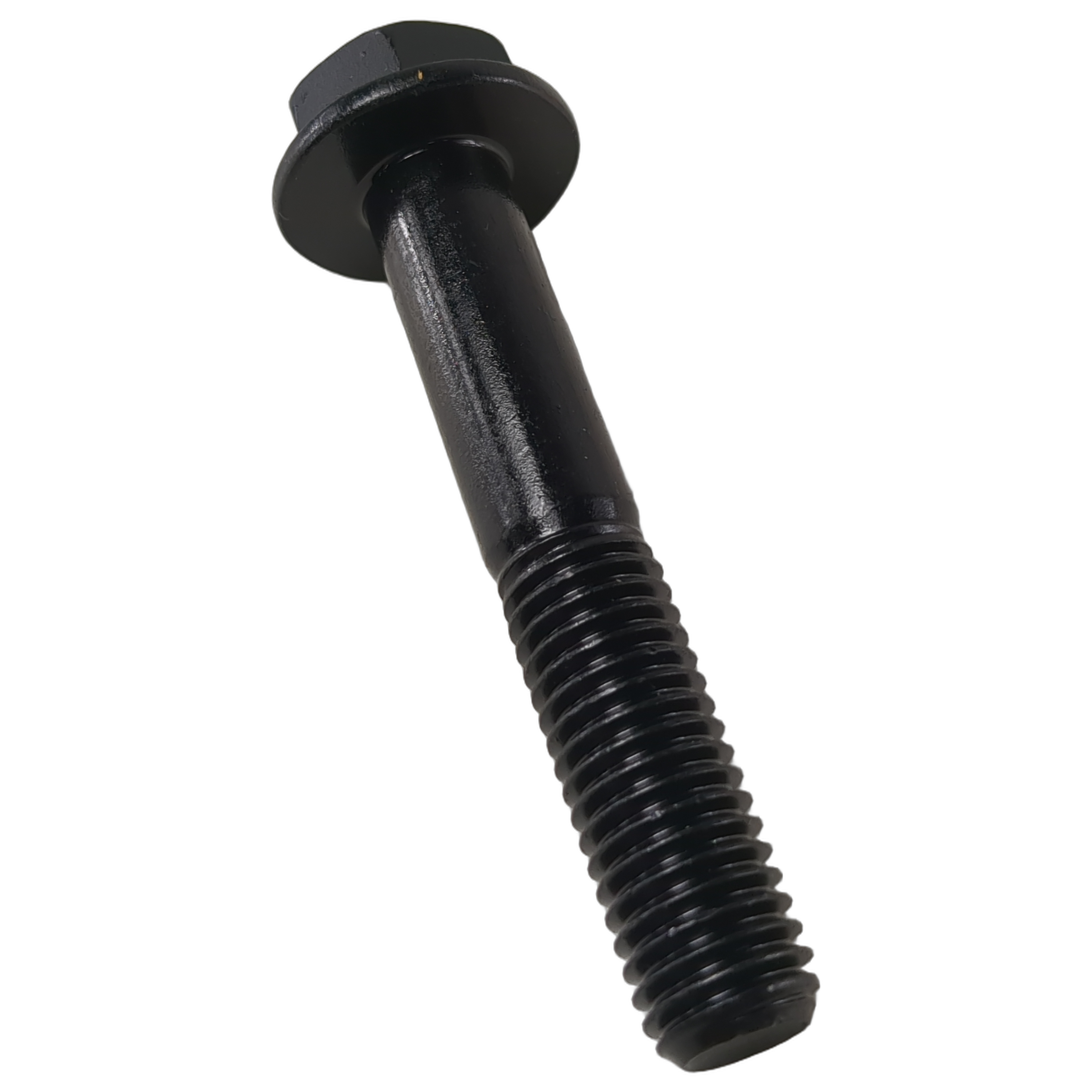 Black hex flange screw M12x70 with threaded shaft and smooth flange head.
