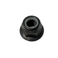 Black metal M12 flange nut with built-in elastic nylon insert.