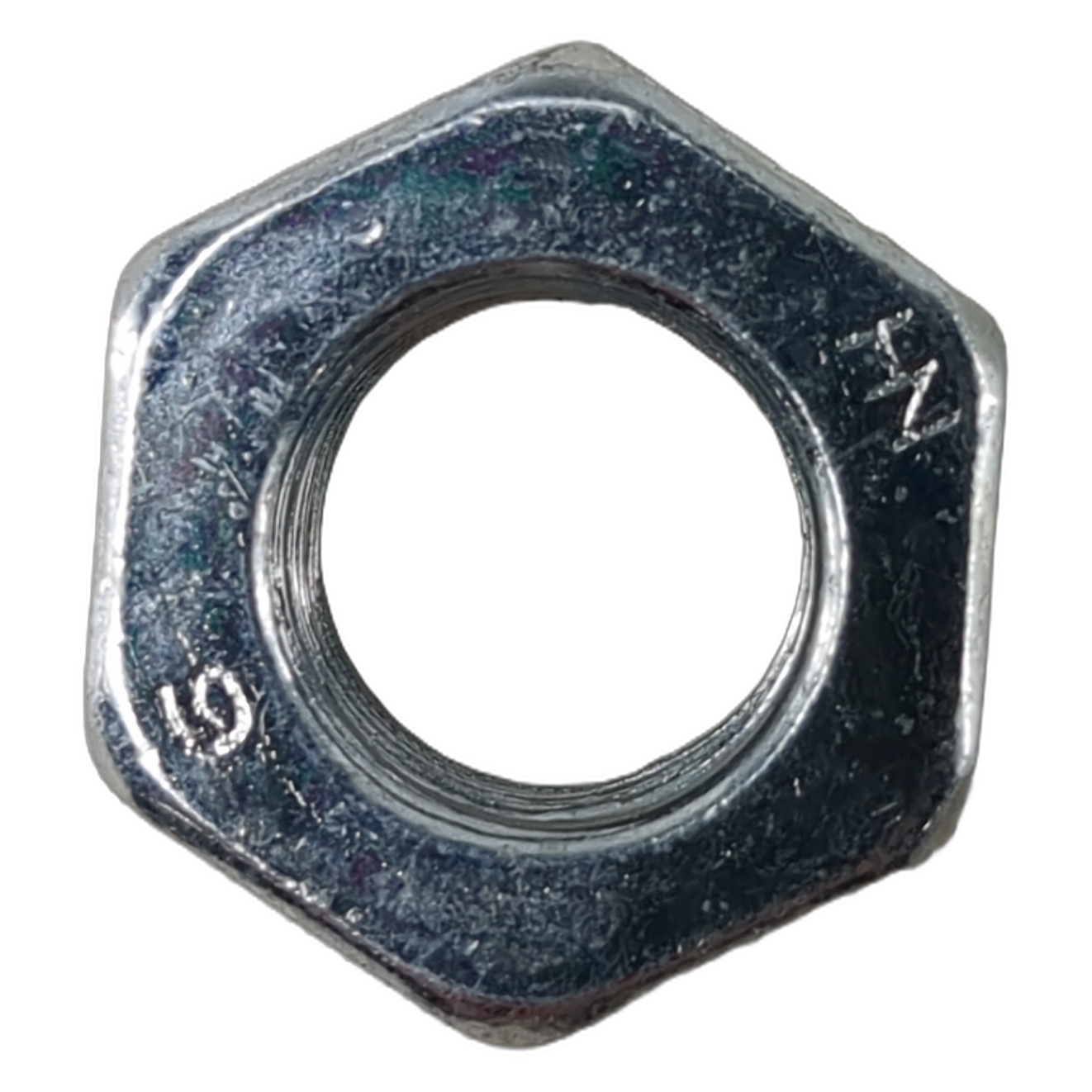 Silver hex nut M12 with threaded center and engraved markings on metal surface.