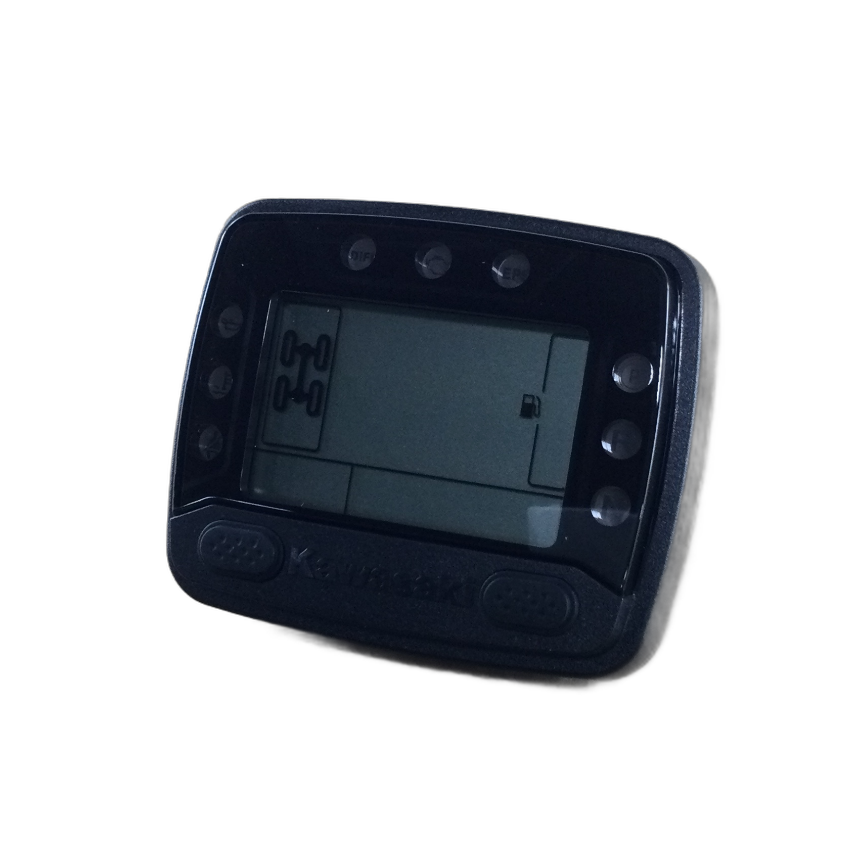 A black LCD Dash Meter-Assembly by Kawasaki with side buttons and "Kawasaki" embossed below the screen is shown on a white background—perfect for upgrading your Kawasaki UTV parts or other off-road accessories.