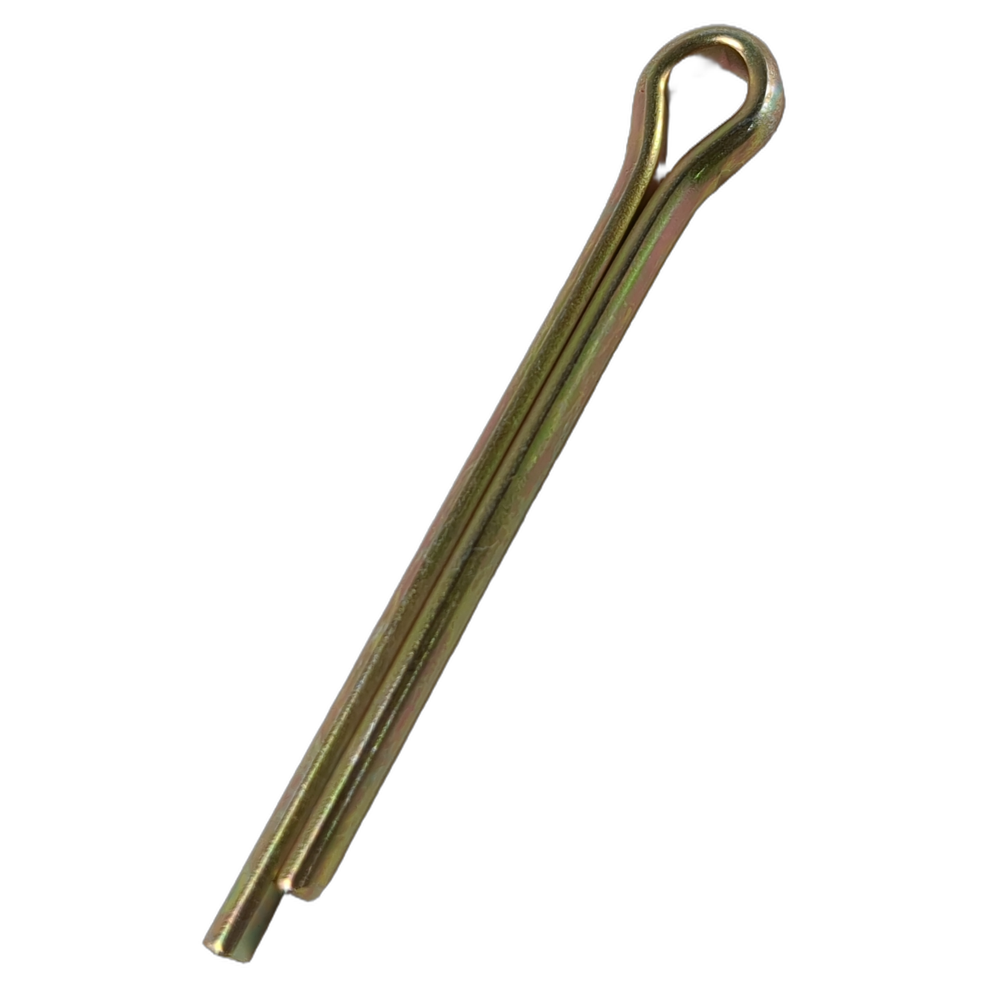 Single metallic cotter pin with rounded loop head and split shaft in gold tone.