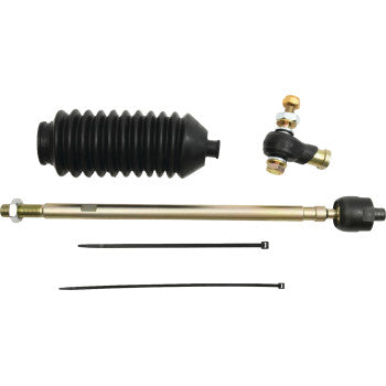 The Tie Rod End Kit Right Hand by Moose Offroad includes a heavy-duty black rubber bellows boot, metal tie-rod end assembly, joint, and two black zip ties, all displayed on a white background.