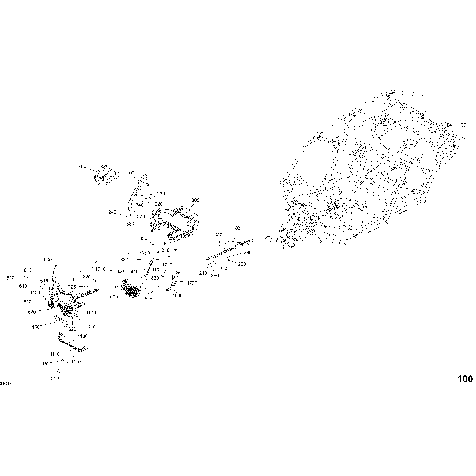 An Image of a Genuine Can-Am Parts Schematic Diagram showing the schematic - BODY PARTS - TRIPLE BLACK - PACKAGE X DS DPS - FRONT SECTION