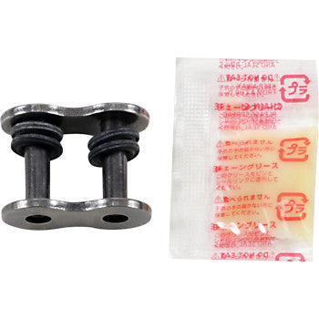 The 525 Max X Connecting Link Rivet Nickel by RK is a replacement metal motorcycle chain link with two rubber O-rings and a lubricant packet.