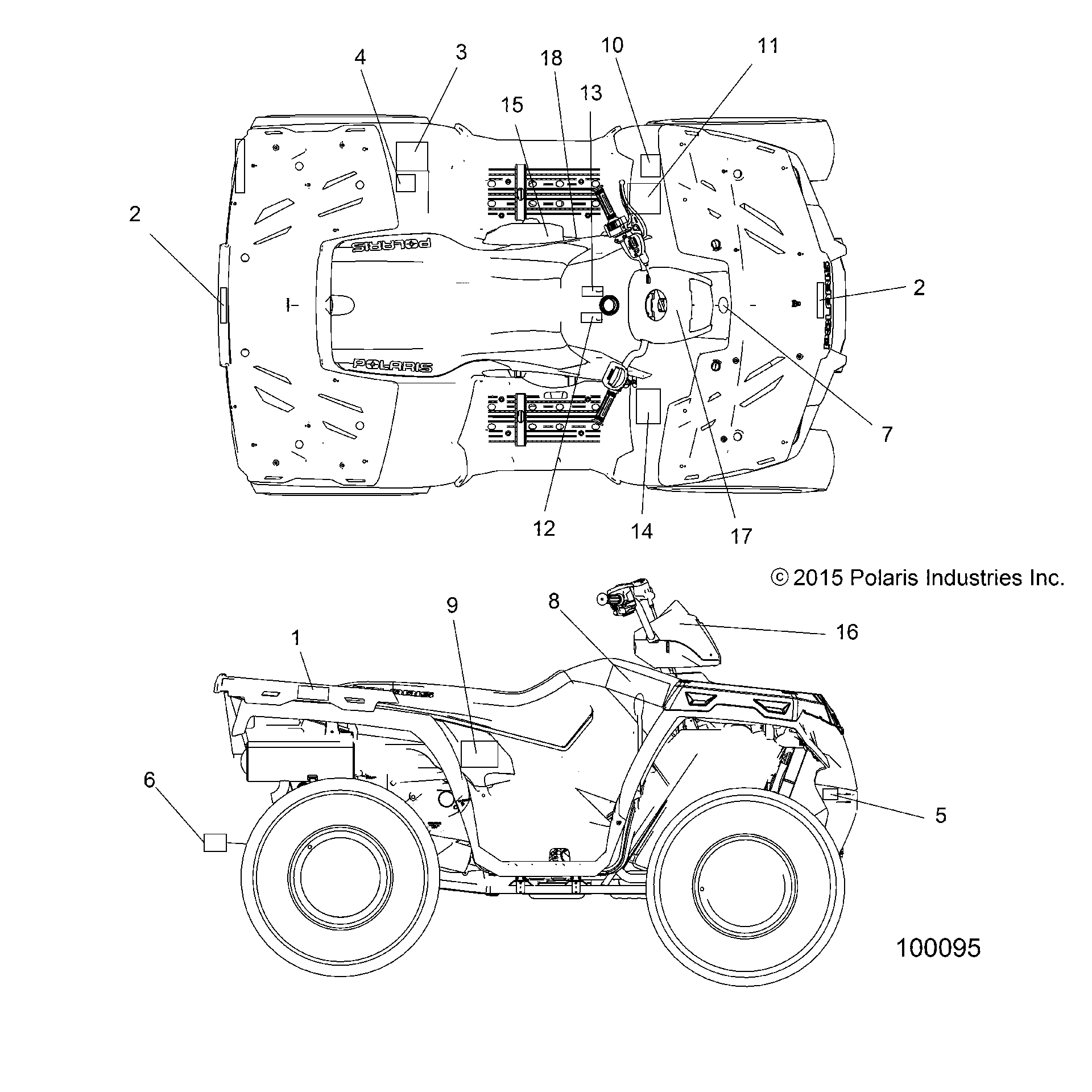 An Image of a Genuine Polaris Parts Schematic Diagram showing the schematic - BODY: DECALS - 2016 POLARIS SPORTSMAN 570 EFI
