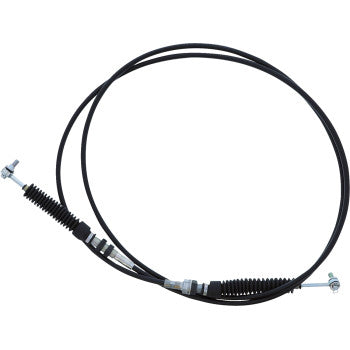 The Can Am Defender Shift Cable by All Balls features black PVC construction with metal fittings and EPDM molded rubber sleeves at both ends, coiled in a circular shape on a white background.