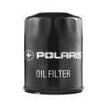 Black cylindrical metal oil filter with white Polaris logo and "OIL FILTER" text.