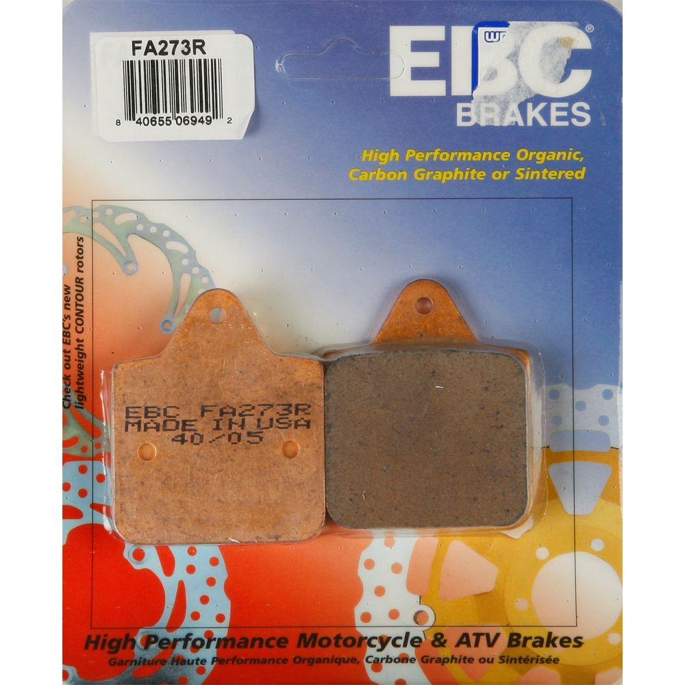 Pair of rectangular brake pads with copper-colored backing plates and friction material on the front, packaged on a blue and