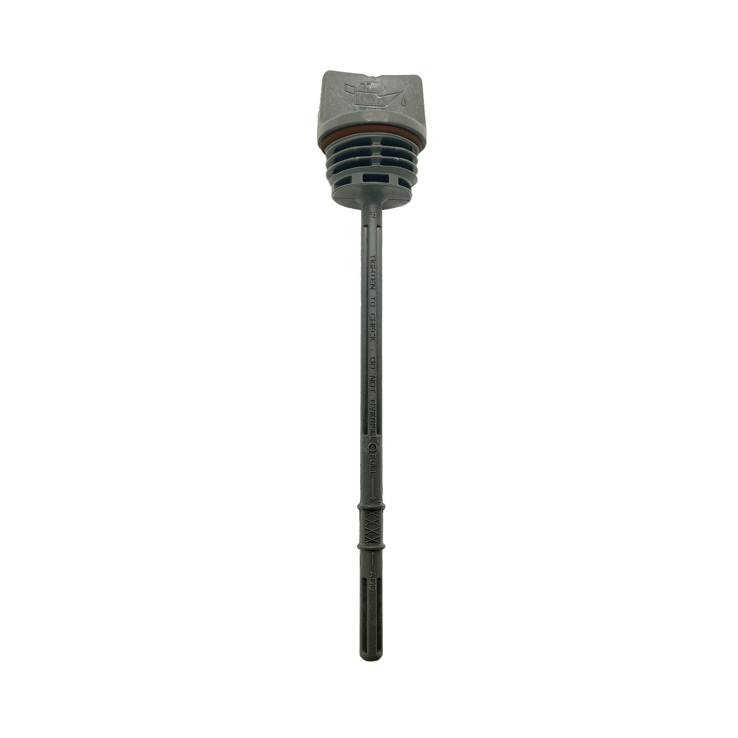 Black plastic dipstick oil fill with rectangular gray cap and measurement markings on stem.