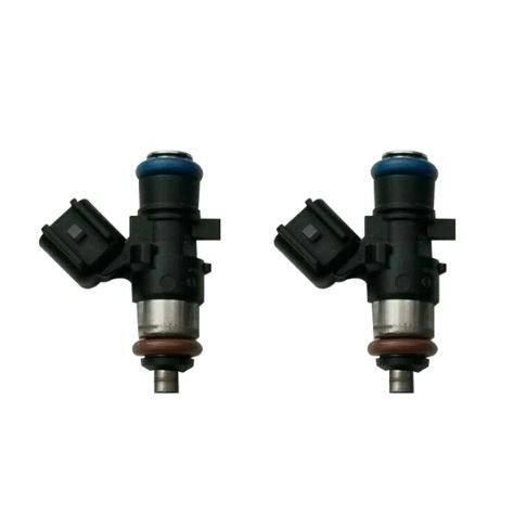 Pair of black and silver remanufactured Polaris Ranger and RZR fuel injectors with blue tops and electrical connectors.