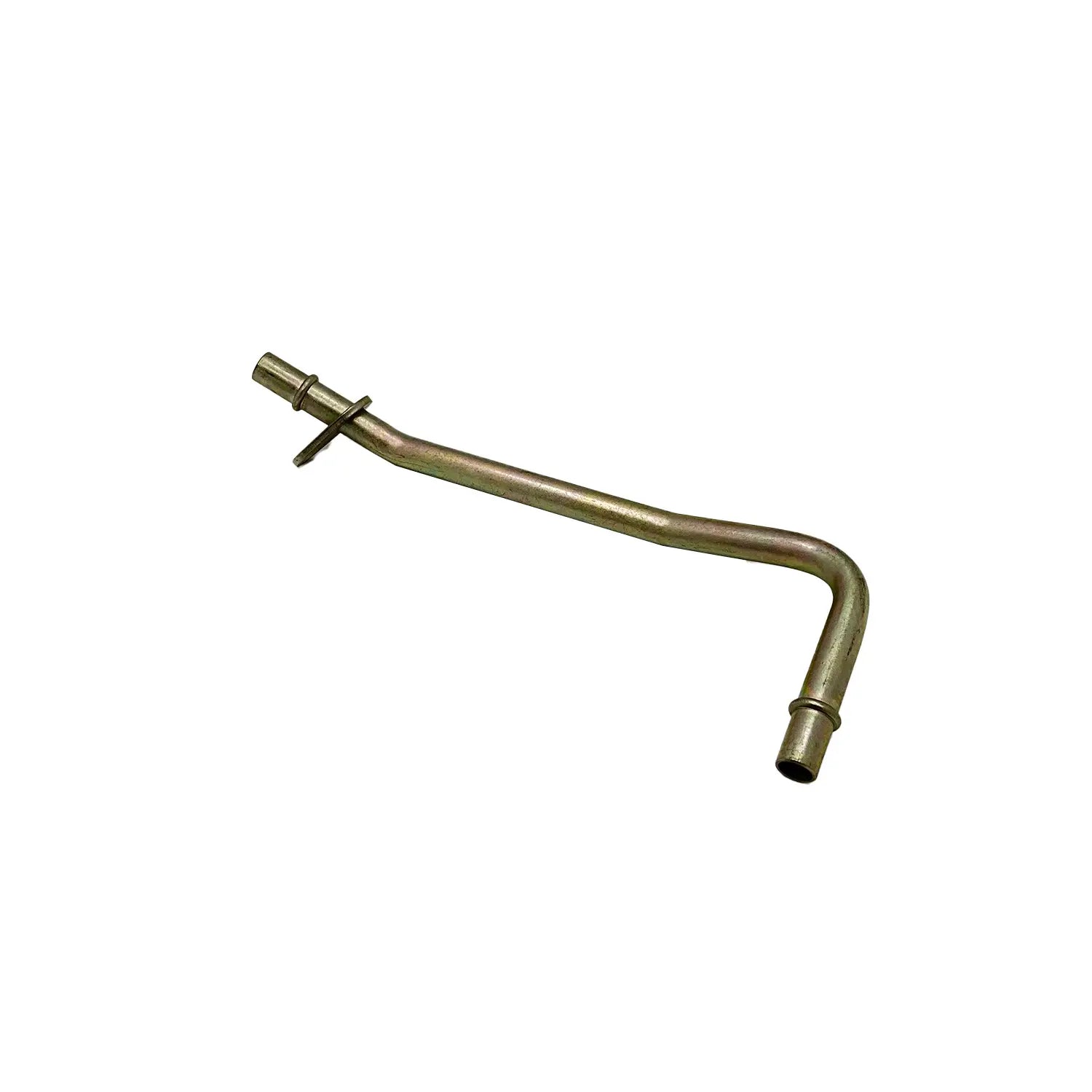 Curved metal oil line tube with fittings on both ends, bronze finish.