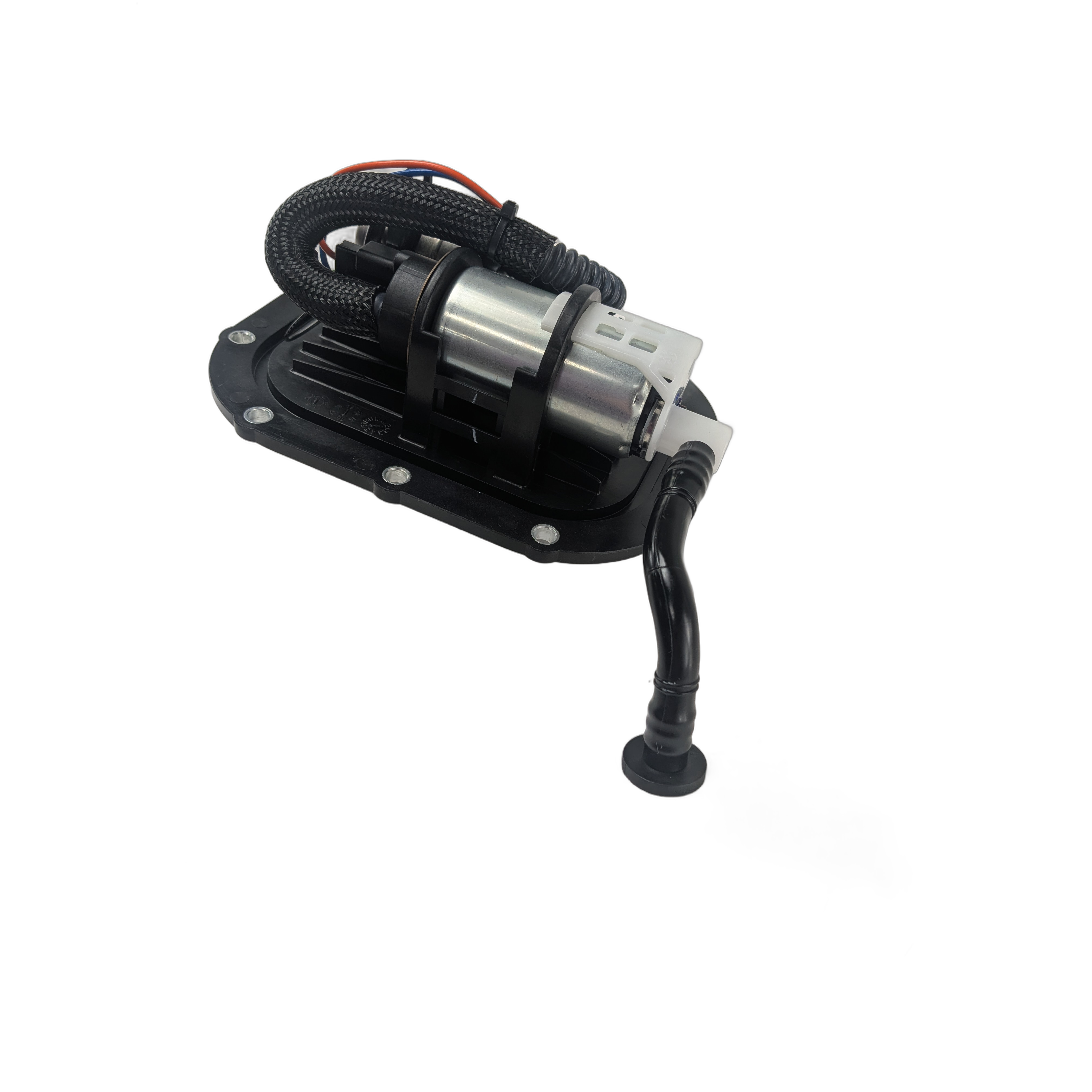 The Fuel Pump by Polaris is a black and silver OEM automotive assembly with attached wiring and tubing, perfect for replacing the fuel pump on your Victory motorcycle, shown here on a white background.