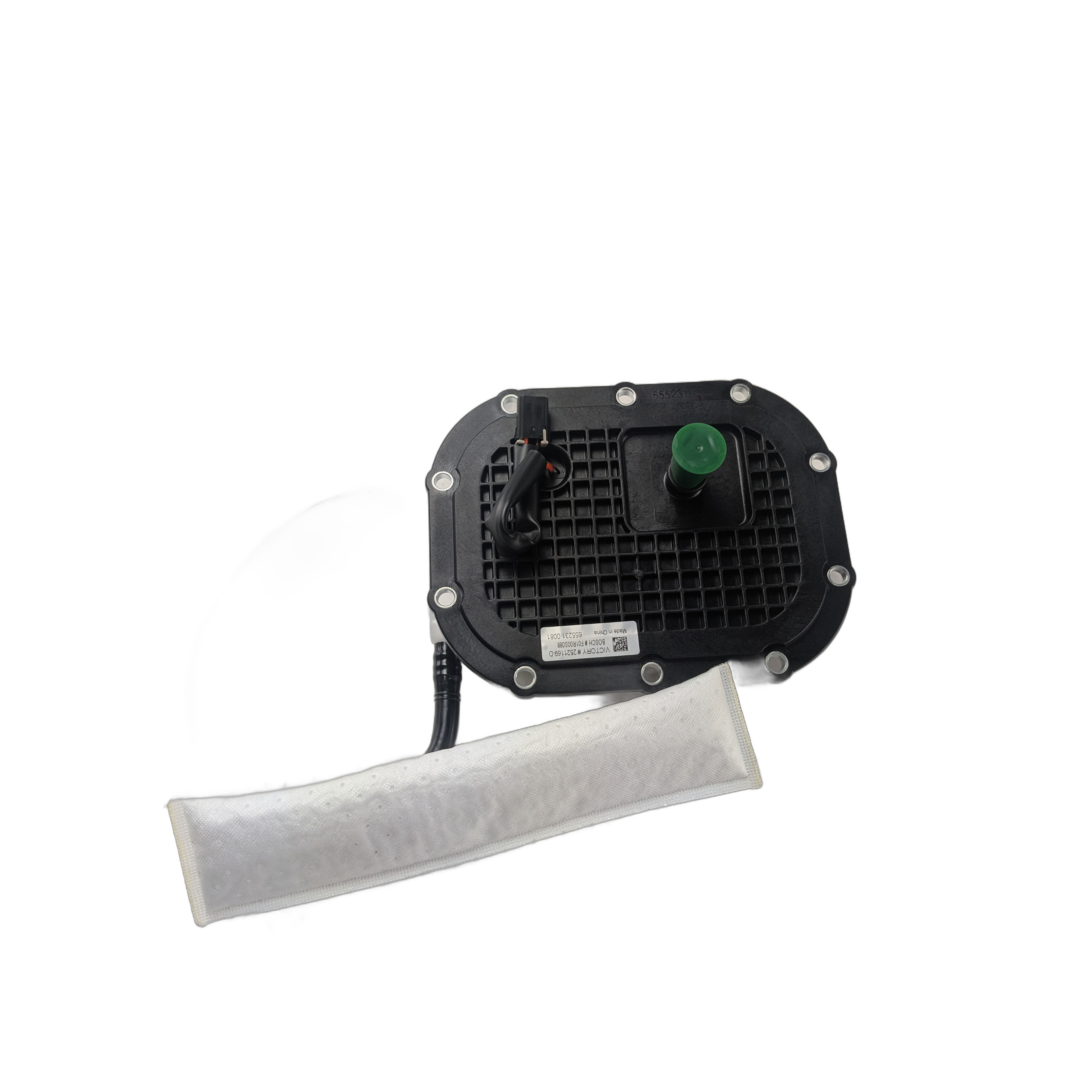 A black Fuel Pump by Polaris with a green cap and wiring is placed beside a rectangular white mesh filter on a white background—perfect as an OEM replacement for Victory or Polaris vehicles.