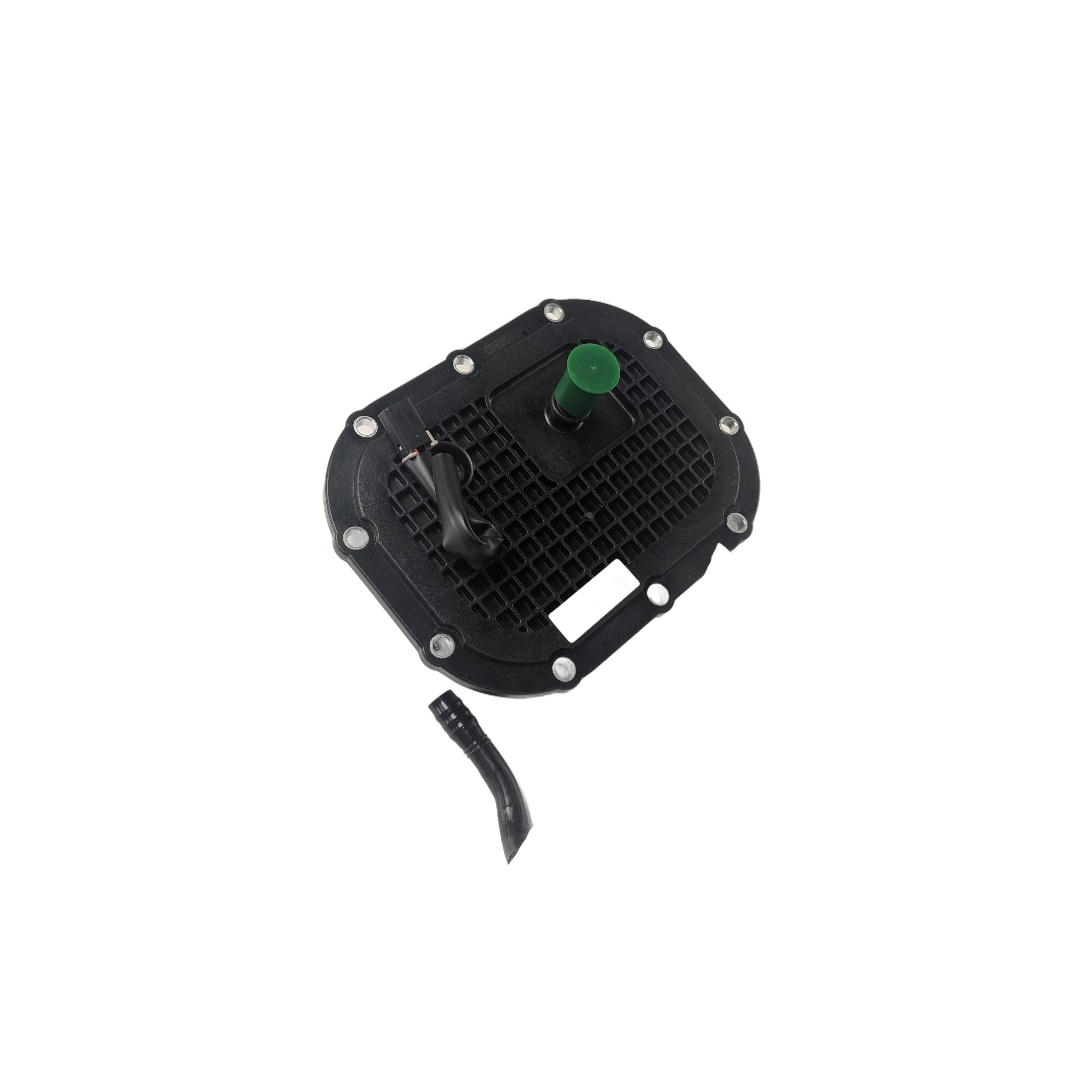 The Fuel Pump by Polaris is shown in black plastic with a grid pattern, silver bolts, green cap, and protruding tube on a white background, with a separate curved black hose included for easy replacement.