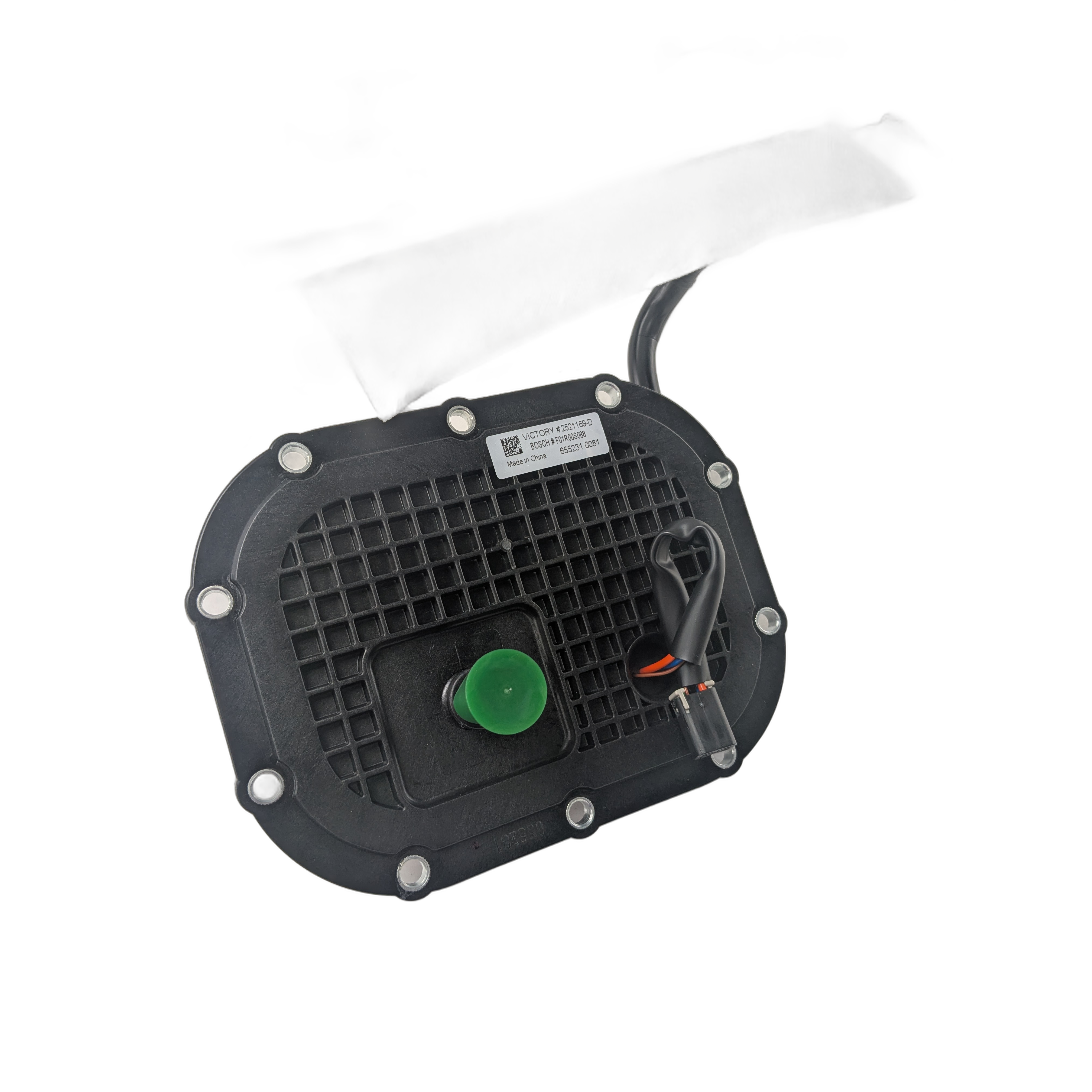 The Fuel Pump by Polaris is a black plastic automotive part with a green cap, orange and black connector, and a white mesh filter—perfect for replacing fuel pumps in Victory motorcycles or as an OEM Victory Polaris component.