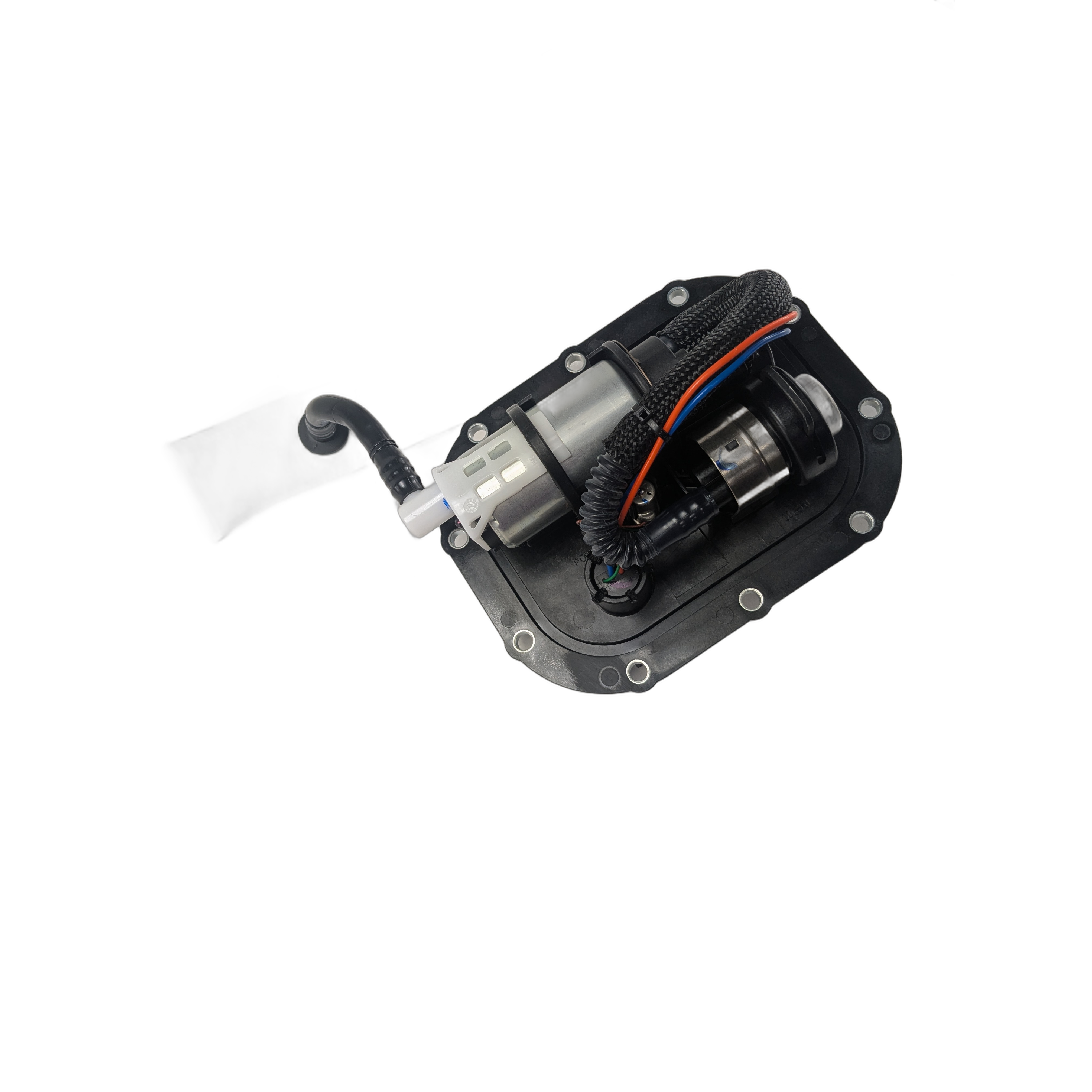 Fuel Pump by Polaris with wiring and filter attached, shown on a white background. This OEM part features a cylindrical metal pump, electrical connector, and black mounting plate—ideal for fuel pump replacement.