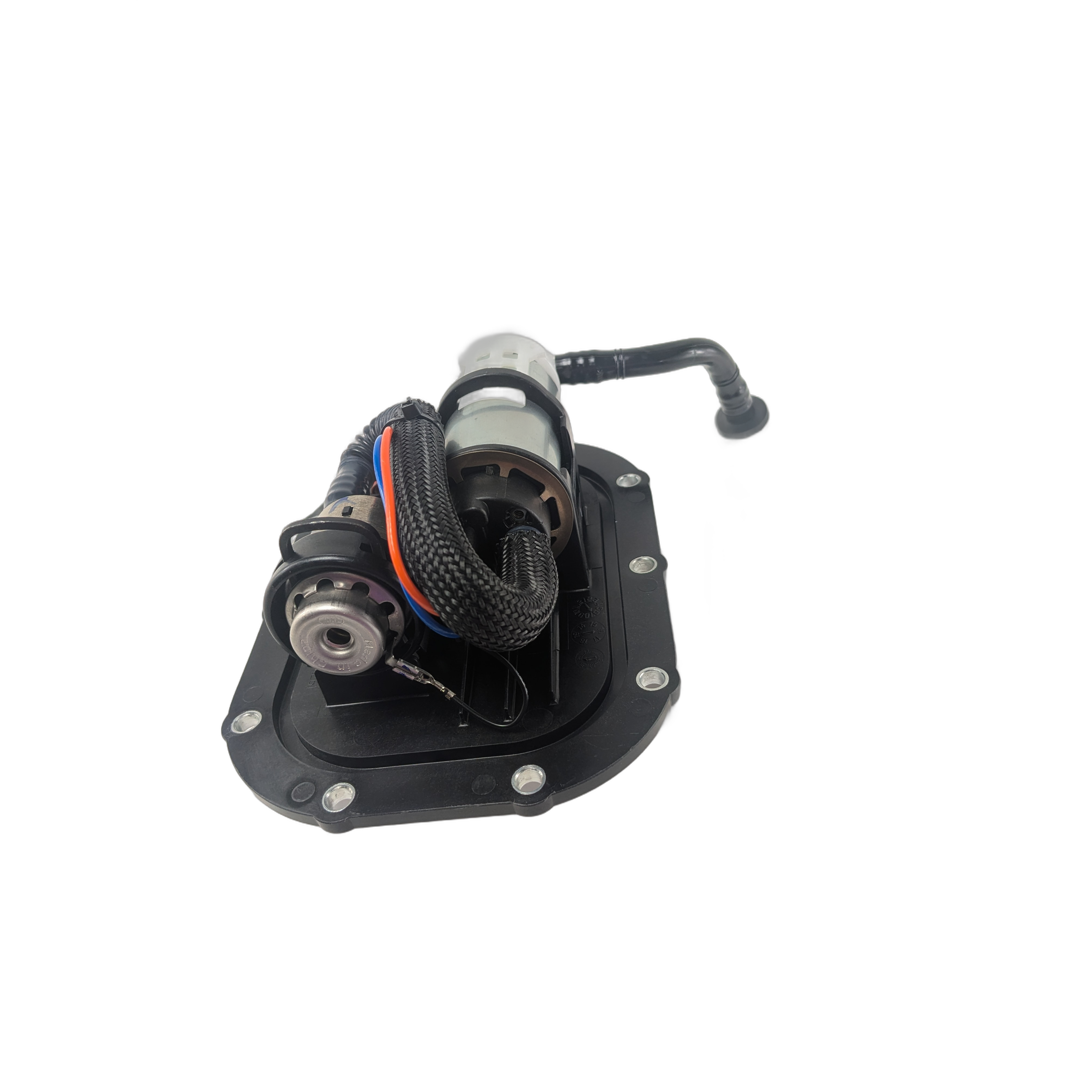 The Fuel Pump by Polaris is a mechanical automotive part with attached wires and hoses, mounted on a black base plate—perfect as an OEM Victory Polaris part or for Victory motorcycle fuel pump replacement.