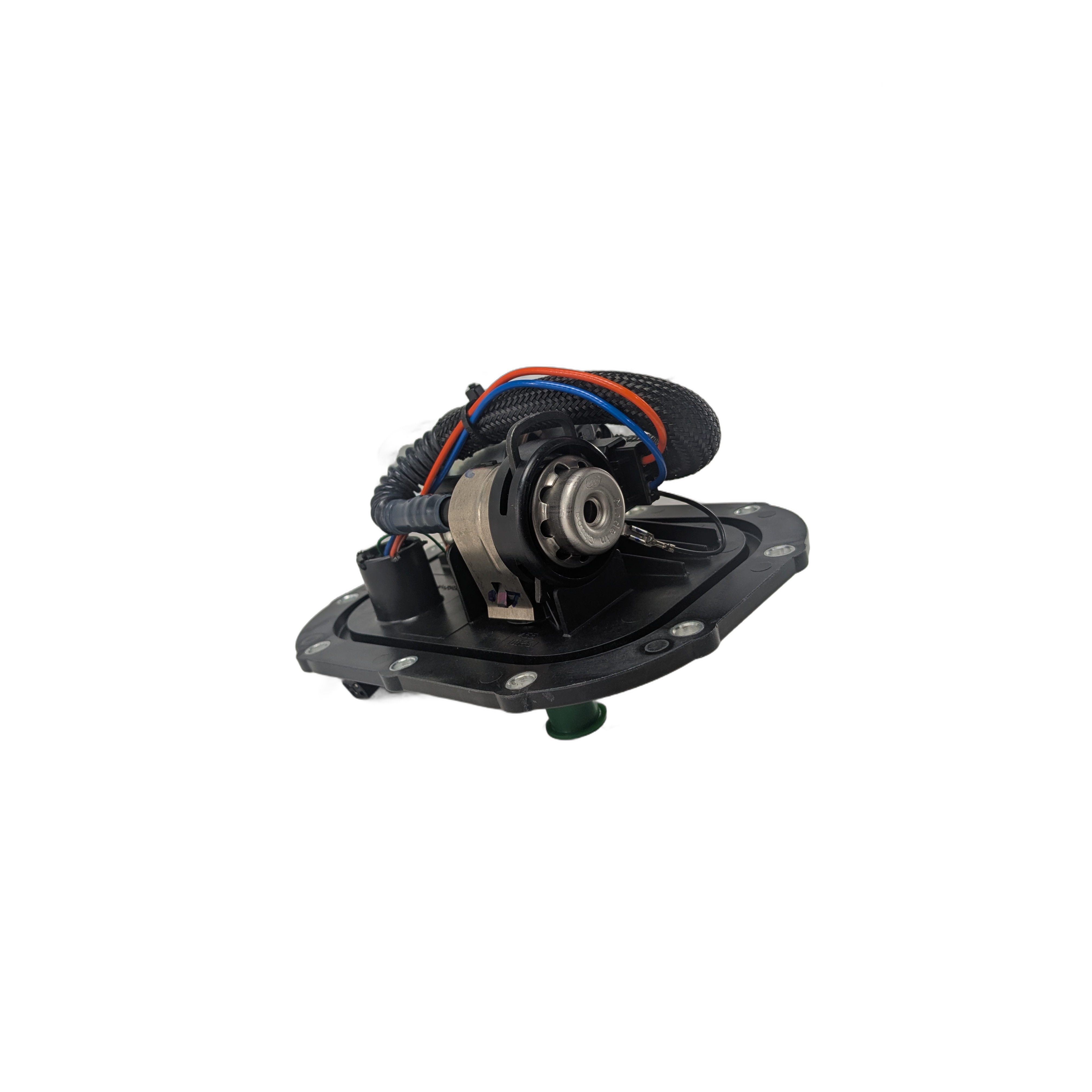 A close-up of the Fuel Pump by Polaris, a black mechanical and electronic OEM replacement component featuring wires and a metal cylinder on a flat, oval-shaped base, shown against a white background.