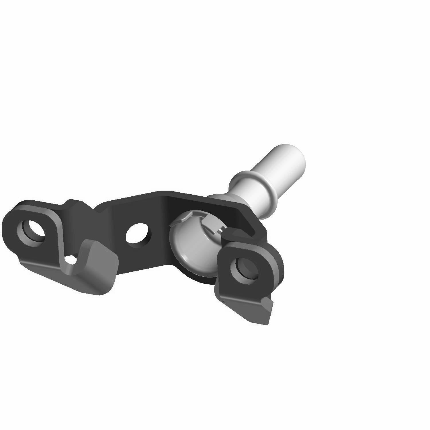 Black metal fuel rail bracket with cylindrical silver fuel line connector and mounting holes.