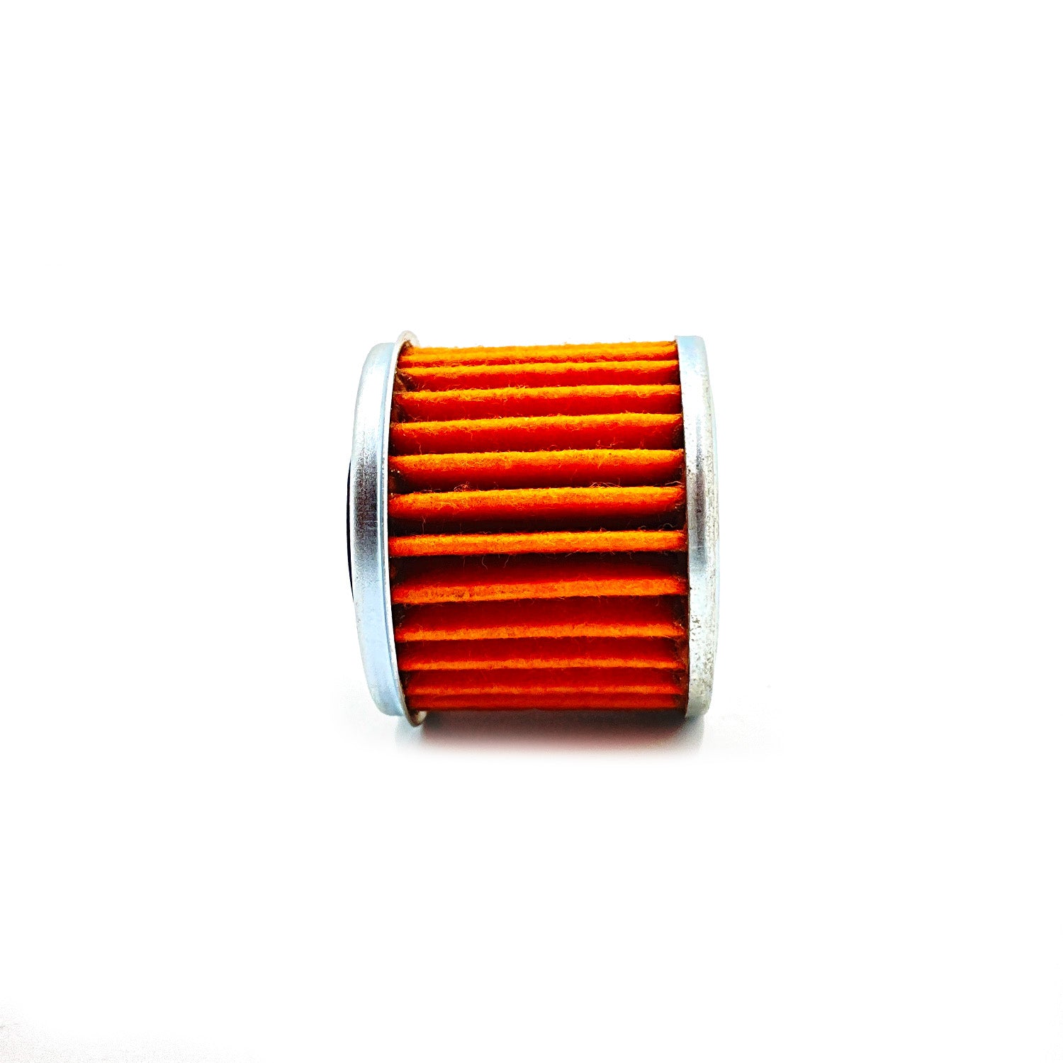 Cylindrical orange pleated filter with silver metal end caps and black O-ring.
