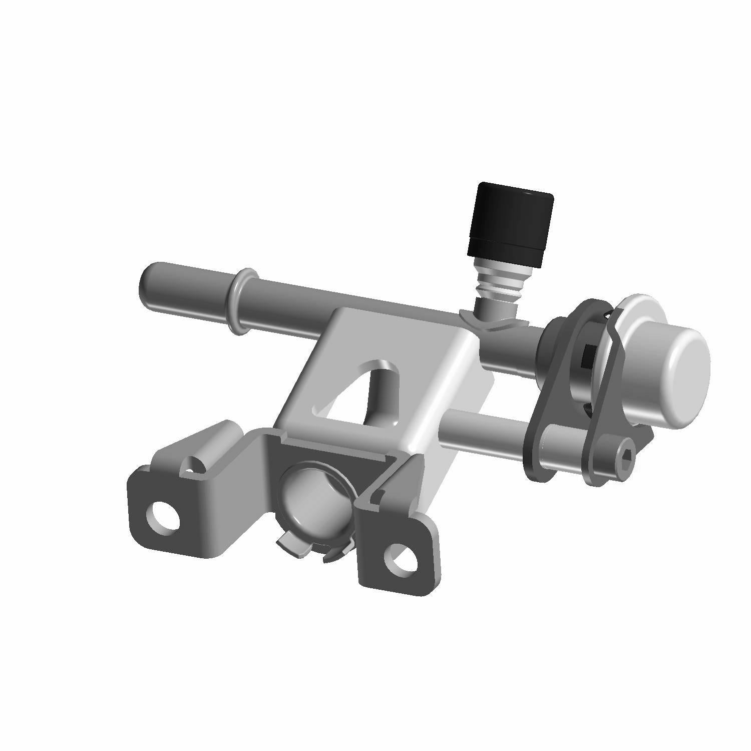 Silver metal fuel rail with mounting brackets and black plastic connector, designed for Polaris UTVs.