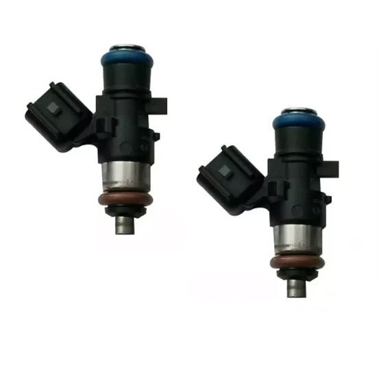 Set of two black and silver remanufactured OEM fuel injectors with blue and brown accents for Indian models, offered by New England Injectors. Includes core charge. Shown on a white background.