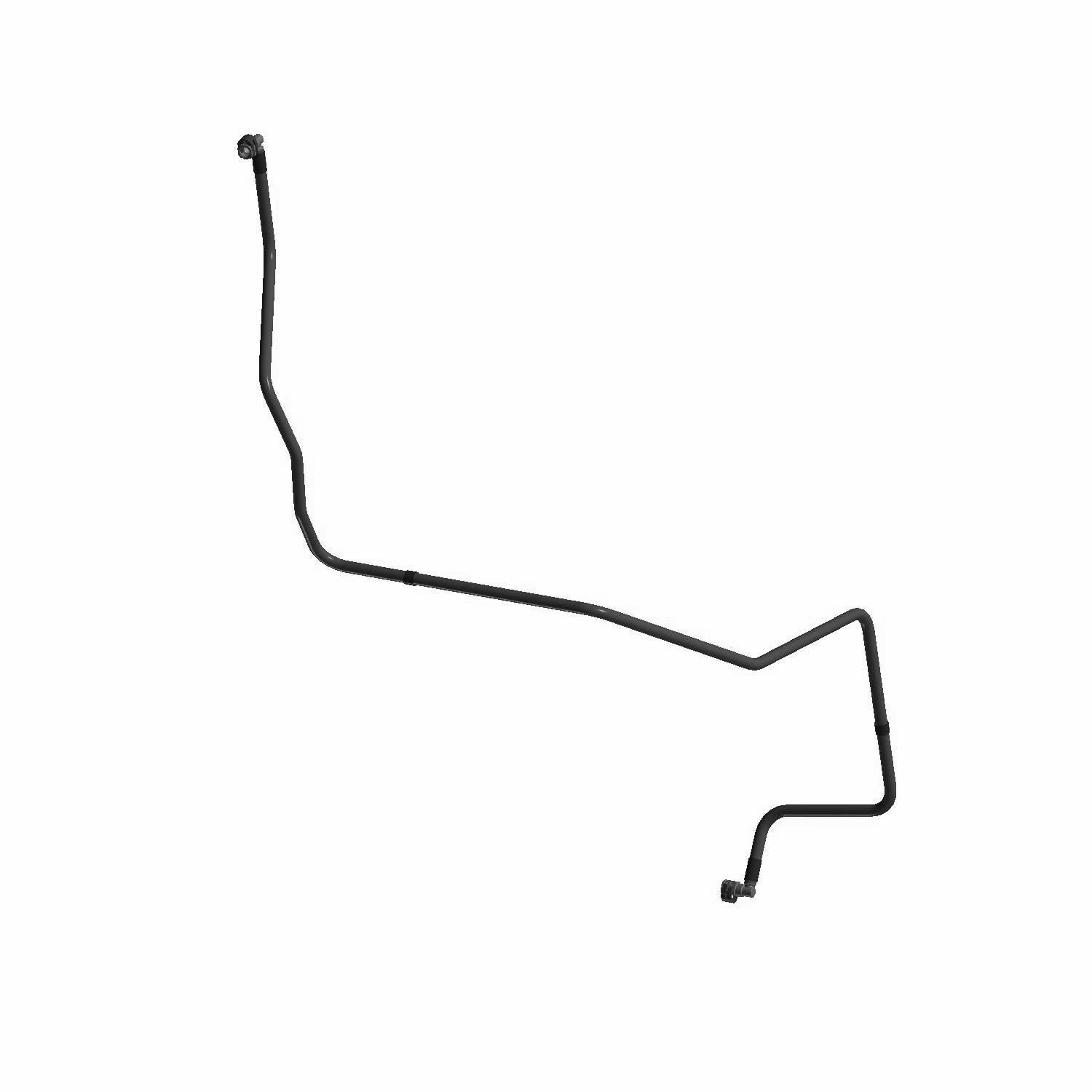 Black metal fuel line tube with multiple bends and fittings on each end.