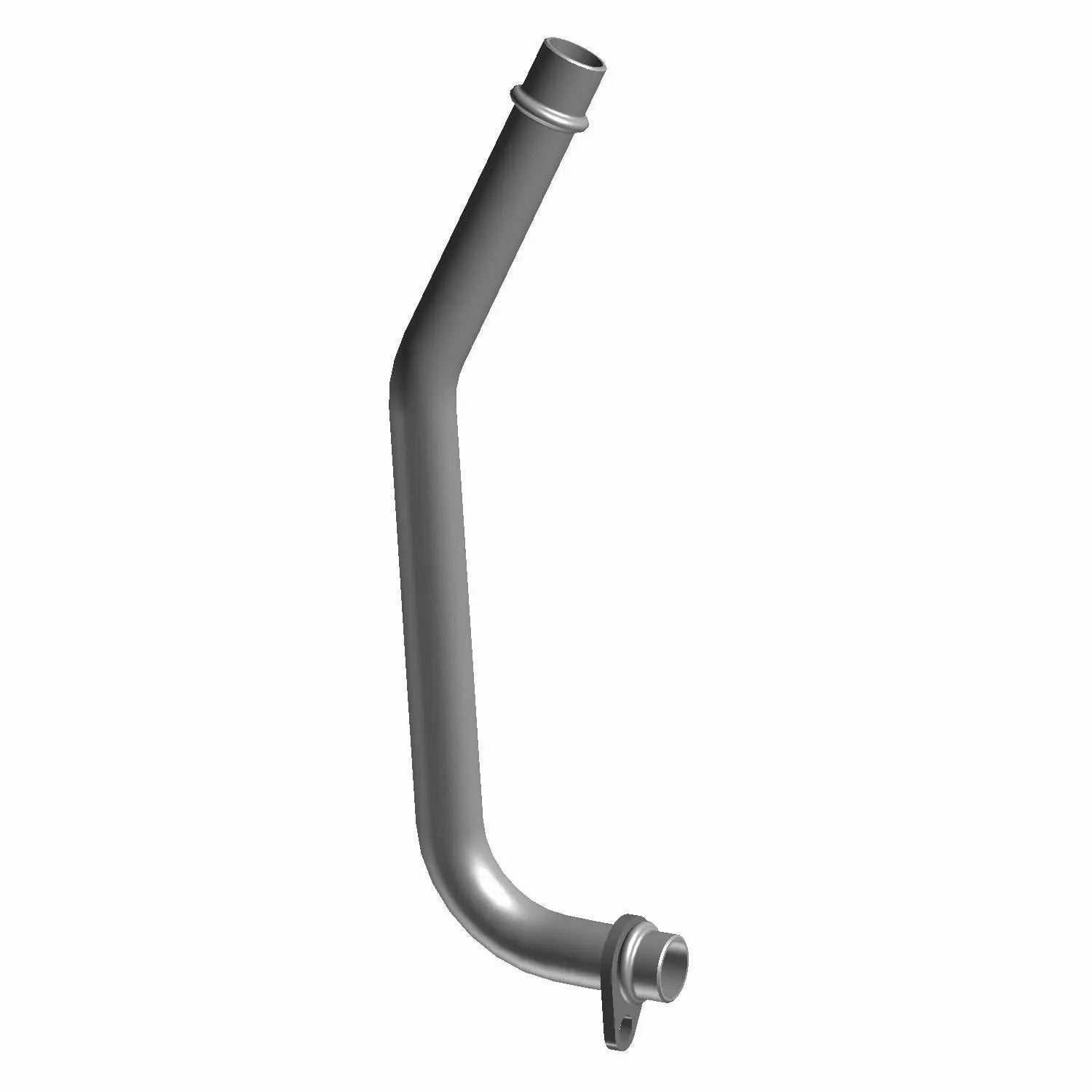 Curved gray metal oil line pipe with flanged mounting end and rubber seal ring.