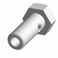 Silver metal banjo bolt with hexagonal head and smooth cylindrical shaft with hole near the threaded end.