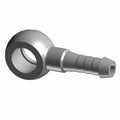 Silver metal banjo fitting with 8mm hose barb and circular eyelet end.