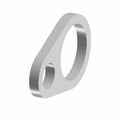 Silver metal oil scavenge line gasket with two circular openings, flat and triangular shape.