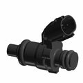 Black cylindrical fuel injector with electrical connector and mounting bracket.