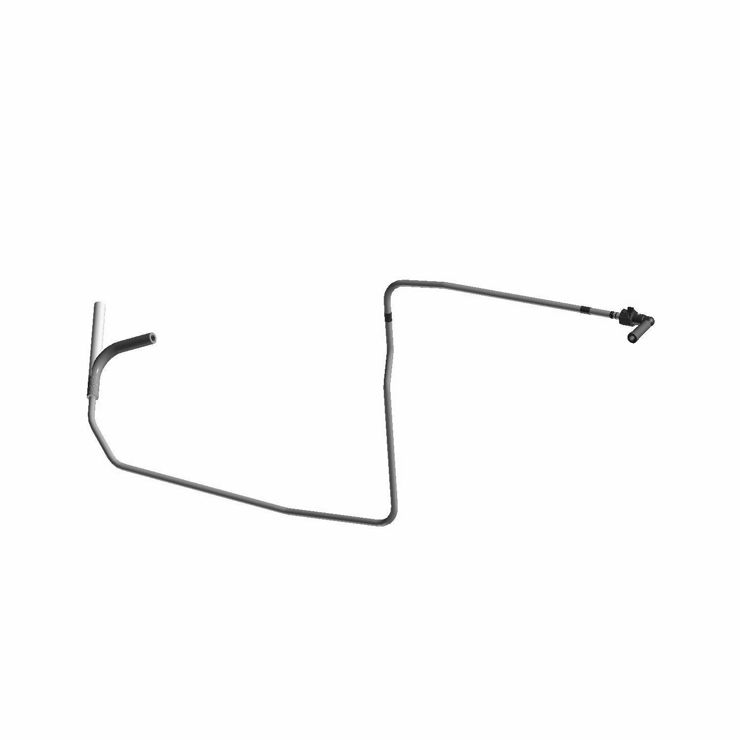 Black metal tank to canister fuel line with bent tubing and connectors on each end.