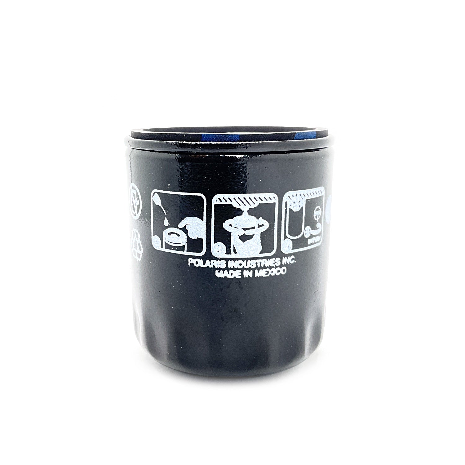Black cylindrical oil filter with white printed instructions and Polaris Industries logo.
