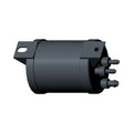 Black cylindrical activated charcoal filter with three hose connectors and a mounting bracket hole.