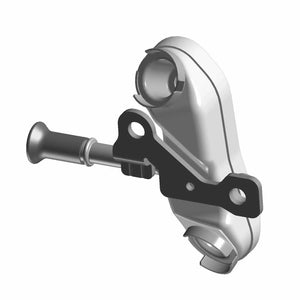 3D-rendered image of the Assembly Clamshell Fuel by Polaris showing a metallic bracket on a curved white housing with two circular openings and a cylindrical pin—perfect for integration with OEM Polaris parts.