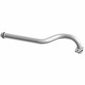 Silver curved metal oil feed line with mounting flange and smooth finish.