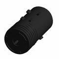 Matte black cylindrical activated carbon canister with ribbed body and connector openings.