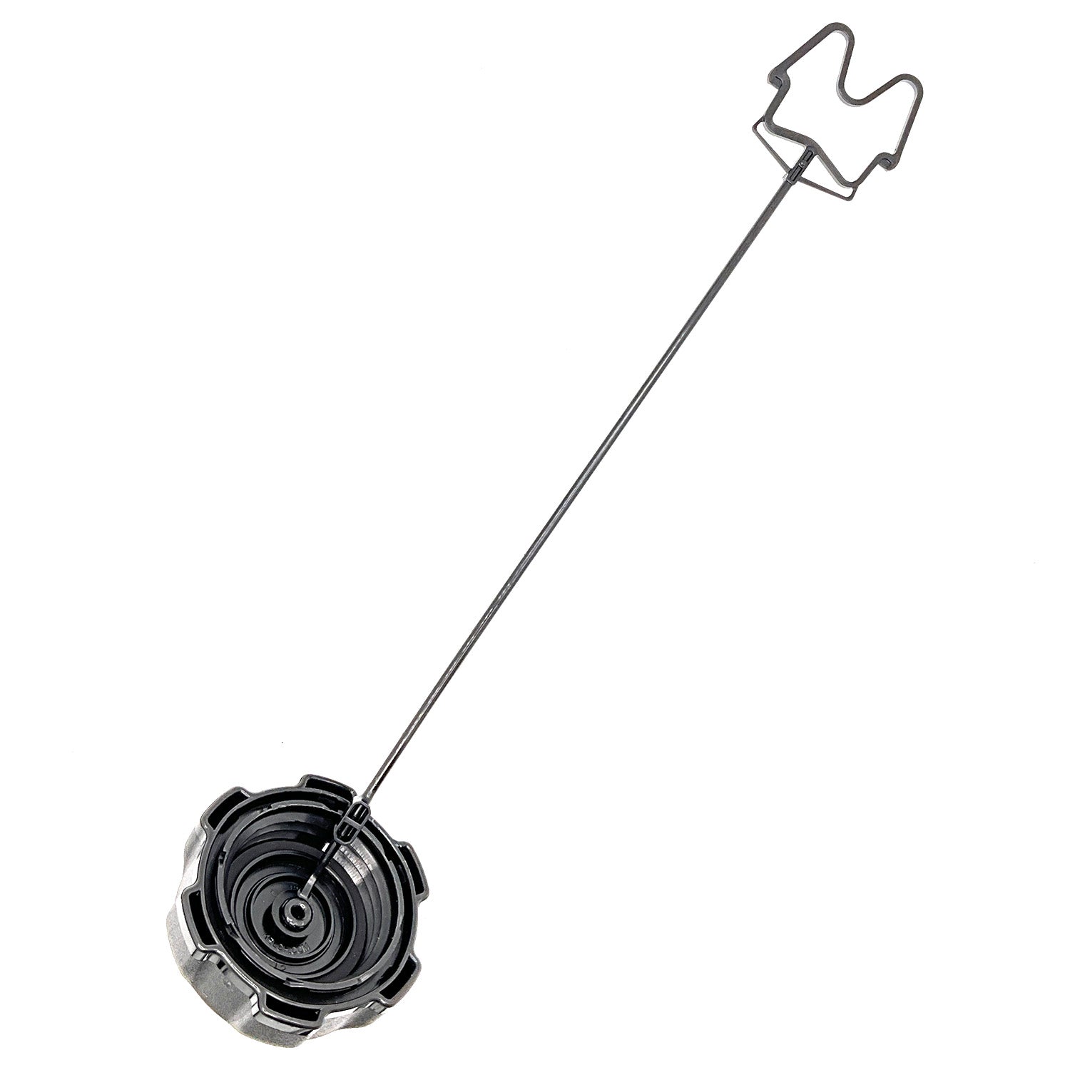 Black round gas tank cap with attached long metal tether and clip end for Polaris vehicles.