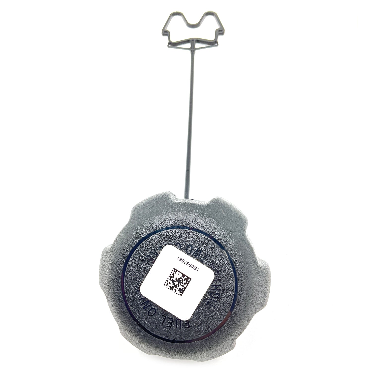 Black plastic gas tank cap with tether wire and rectangular white barcode sticker on top.